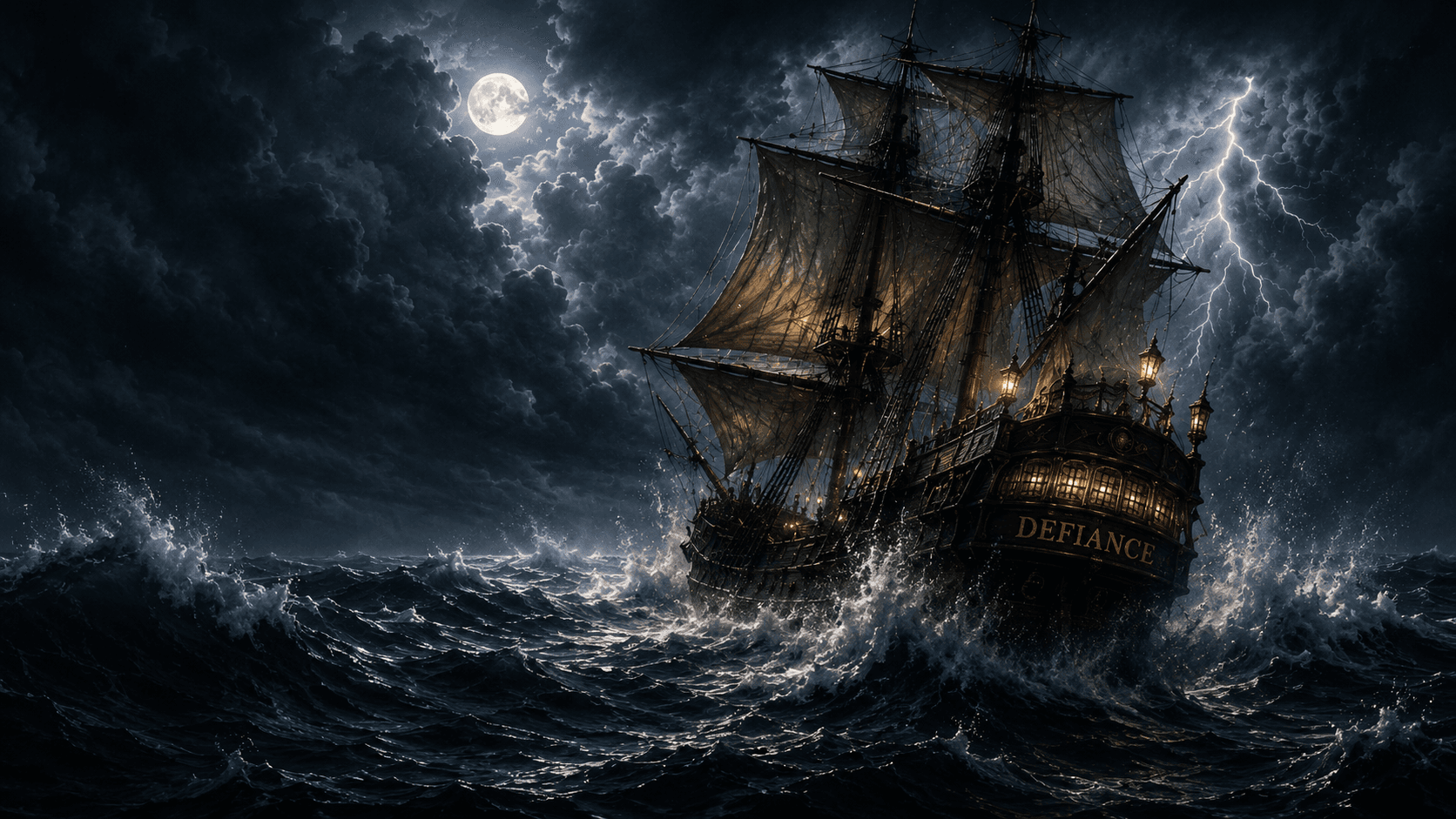 A galleon braving a moonlit storm at sea